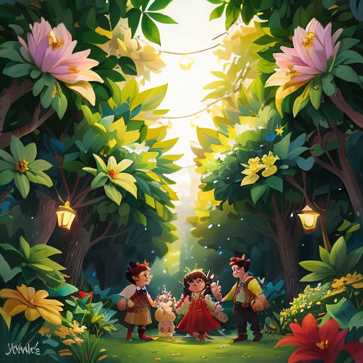a painting of a group of people in a forest with flowers and lights on the trees and a lantern