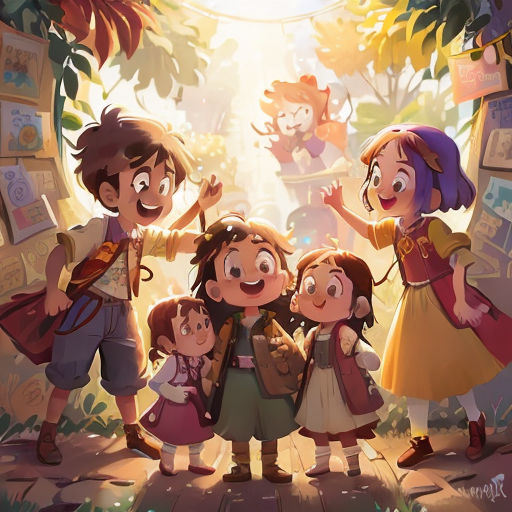 a group of children standing next to each other in a forest with a sun shining through the trees behind them