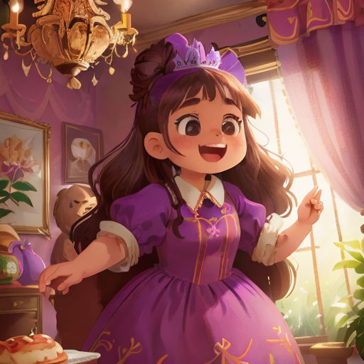 a cartoon girl in a purple dress standing in a room with a cake on a table and a teddy bear
