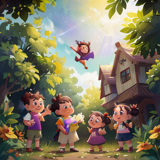 a group of children standing in front of a house in the woods with a flying bird above them and a girl in the middle