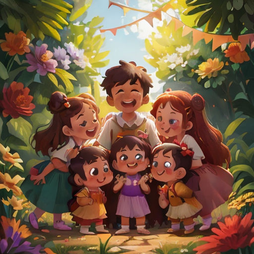 a group of children standing in front of a forest with a man and woman in the background and a bird flying overhead