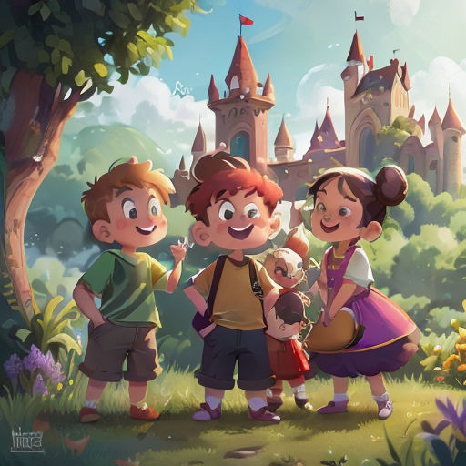 a group of children standing in front of a castle with a dog in the grass and a man holding a teddy bear