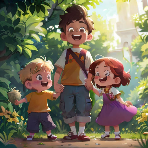 a group of children standing next to each other in a forest with trees and bushes behind them, with a boy and girl holding hands