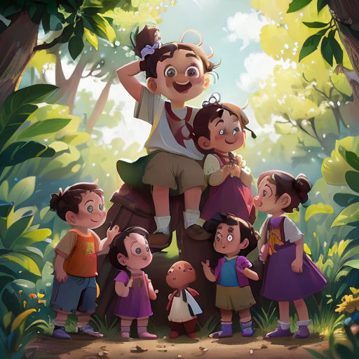 a group of children standing in the woods together, with a man on top of them and a woman on the bottom of the group