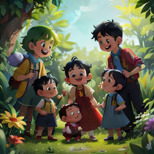 a group of children standing in the middle of a forest with a man and woman standing next to them