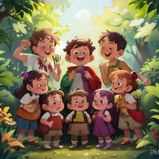 a group of children standing in the woods together with their hands up in the air and smiling at the camera