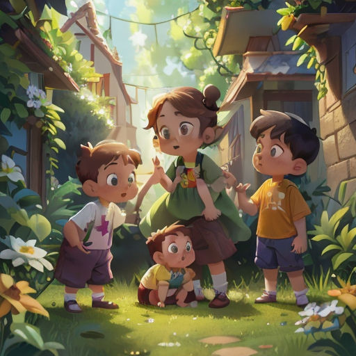 a group of children standing in a garden next to a house and a tree with flowers on it and a woman holding a child
