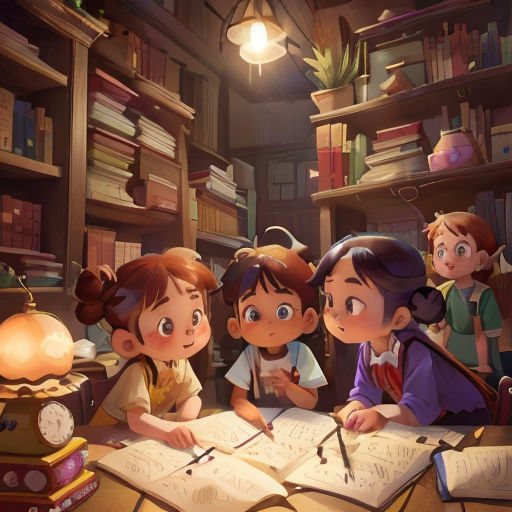 a group of children sitting at a table with books and papers in front of them, looking at a book