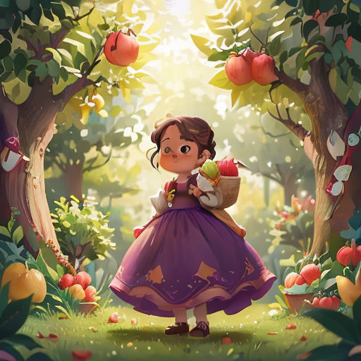 a little girl in a purple dress holding a basket of apples in a forest with apples on the trees