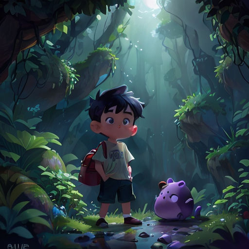 a boy standing in the middle of a forest with a backpack on his back and a purple hippo