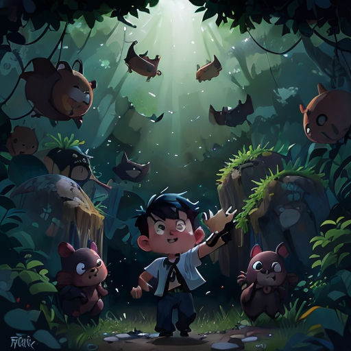 a boy in a forest with many animals around him and a light coming from the ceiling above him that is shining