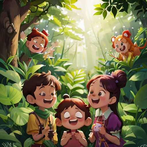 a group of children standing in the middle of a forest with monkeys on the trees behind them and a monkey on the ground