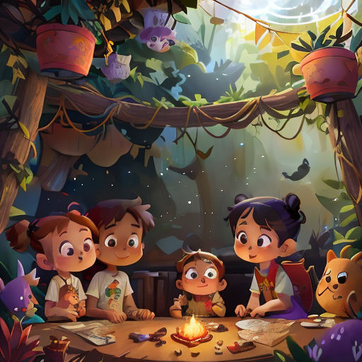 a group of children sitting around a table with a lit candle in front of them and a forest background