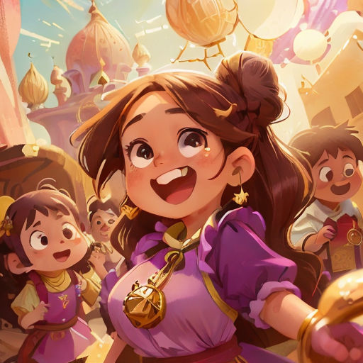 a cartoon character is holding a gold object in her hand and a group of people are in the background