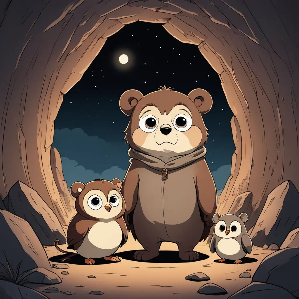 a group of owls standing in a cave with a bear and a baby owl in front of it at night, sots art, a storybook illustration, Diego Gisbert Llorens, 2 d game art