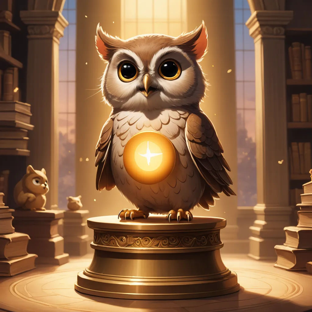 a cartoon owl sitting on a pedestal with a glowing orb in its beak and eyes glowing brightly in the background, fantasy art, a statue, Clint Cearley, rossdraws global illumination
