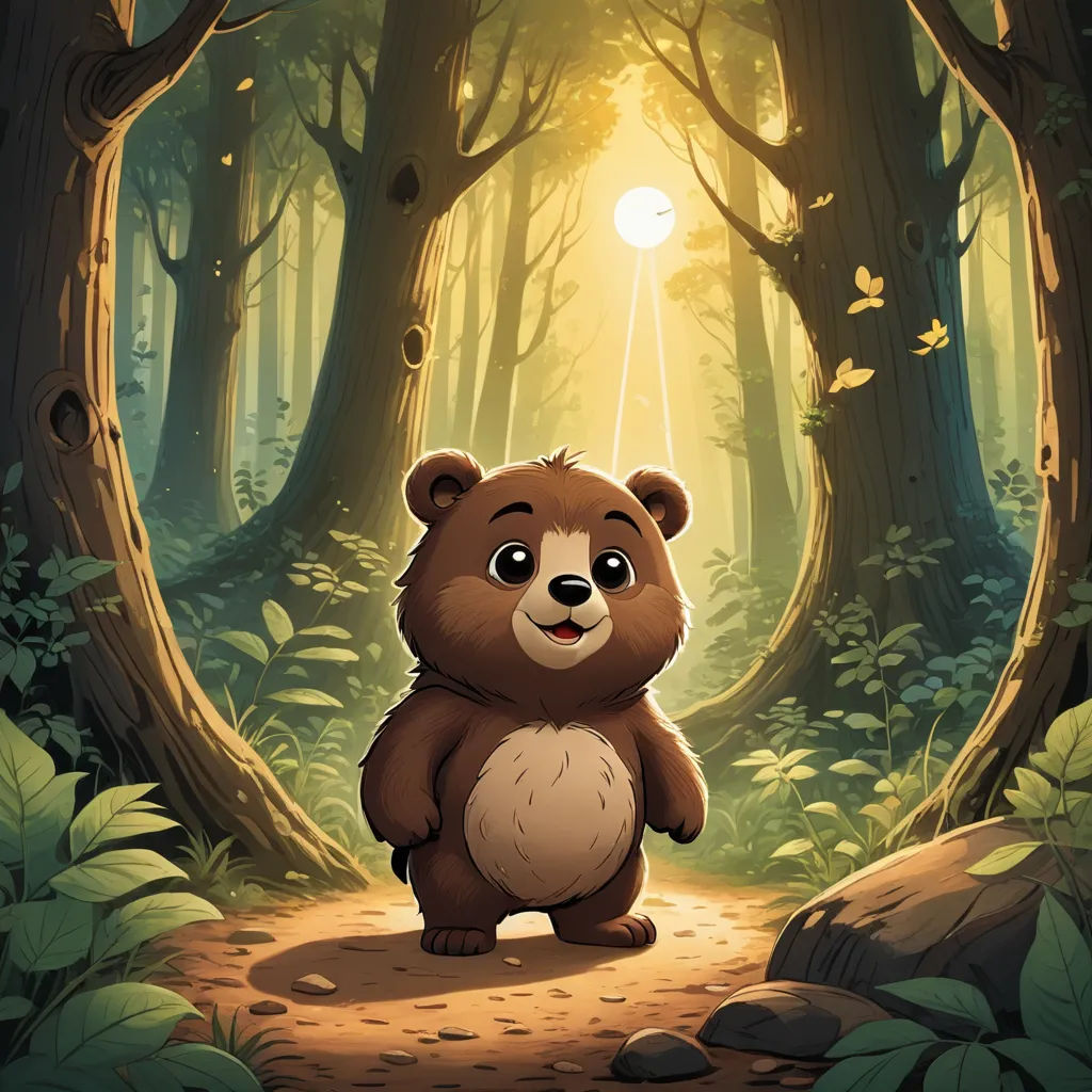 a brown bear standing in a forest with a light shining through the trees behind it and a trail leading to it, sots art, a storybook illustration, Chris LaBrooy, official art