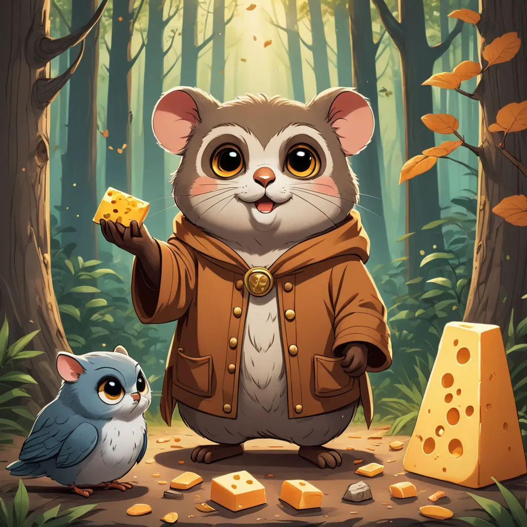 a cartoon mouse holding a piece of cheese next to a blue owl in a forest with leaves and a tree, sots art, a character portrait, Chris LaBrooy, game art