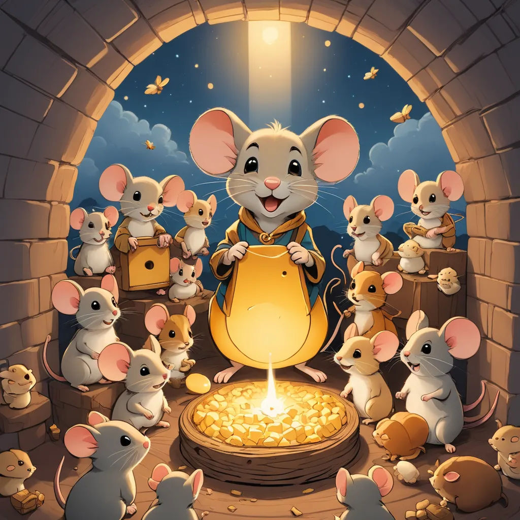 a group of mice surrounding a lit candle in a cave with a nativity scene in the background and a person standing in the doorway, fantasy art, a storybook illustration, Dan Mumford, rossdraws global illumination
