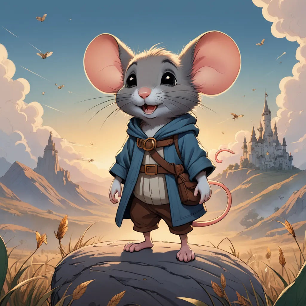a mouse standing on a rock in a field with a castle in the background and a sky with clouds, fantasy art, a character portrait, Chris LaBrooy, kinkade
