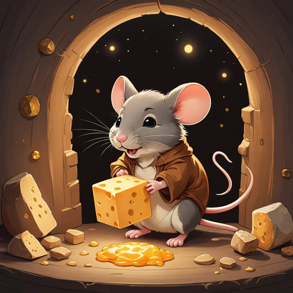 a mouse with a piece of cheese in its hand and a piece of cheese in front of it on a stage, fantasy art, a storybook illustration, Chris LaBrooy, game art