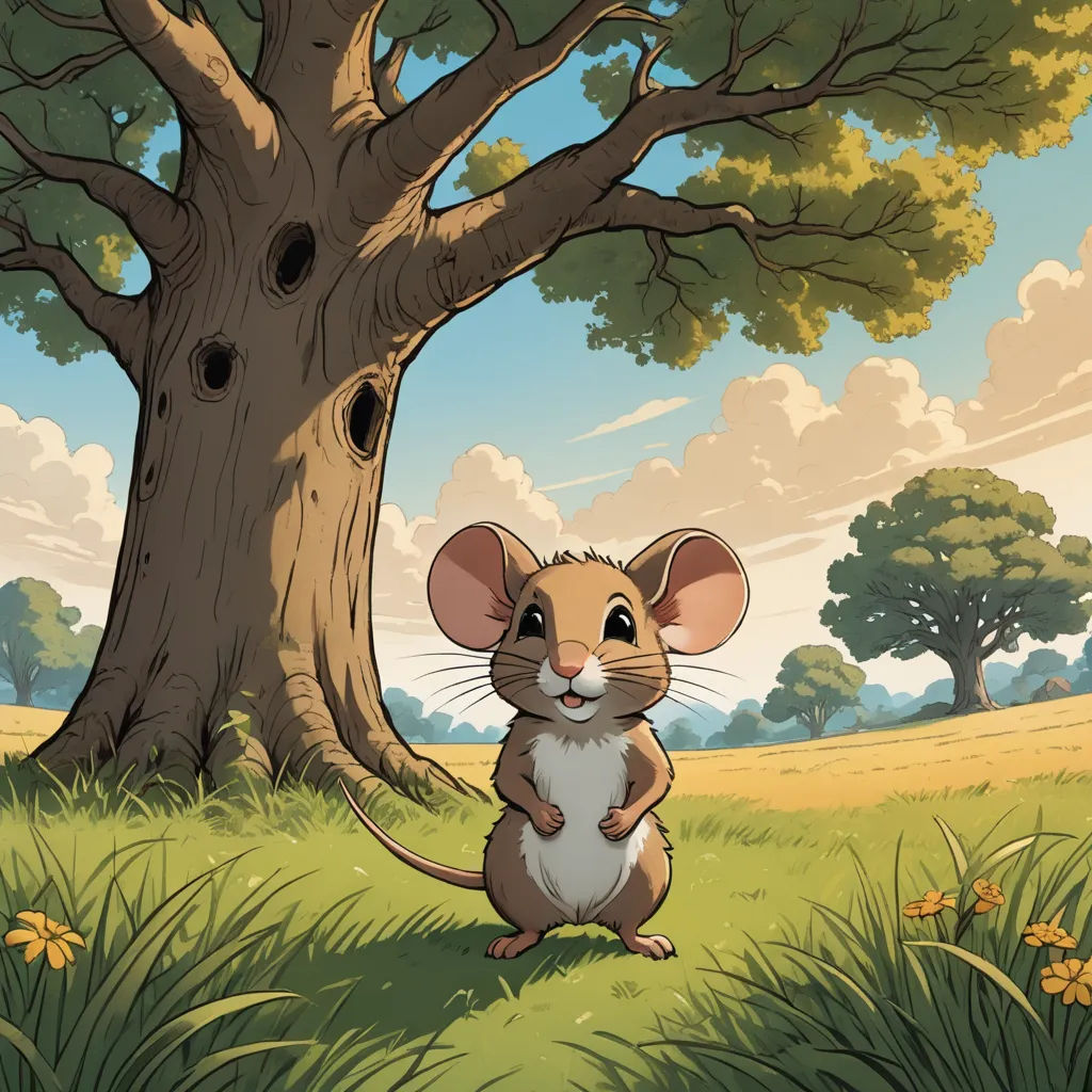 a mouse standing in front of a tree in a field with grass and flowers on the ground and a sky background, furry art, a storybook illustration, Chris LaBrooy, storybook illustration