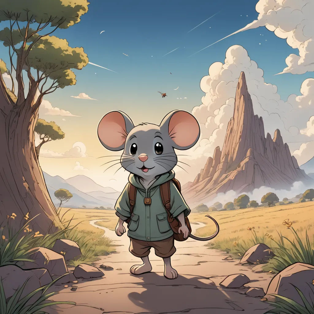 a cartoon mouse with a backpack on a path in a field with mountains and trees in the background,, fantasy art, a storybook illustration, Cliff Childs, trending on art station