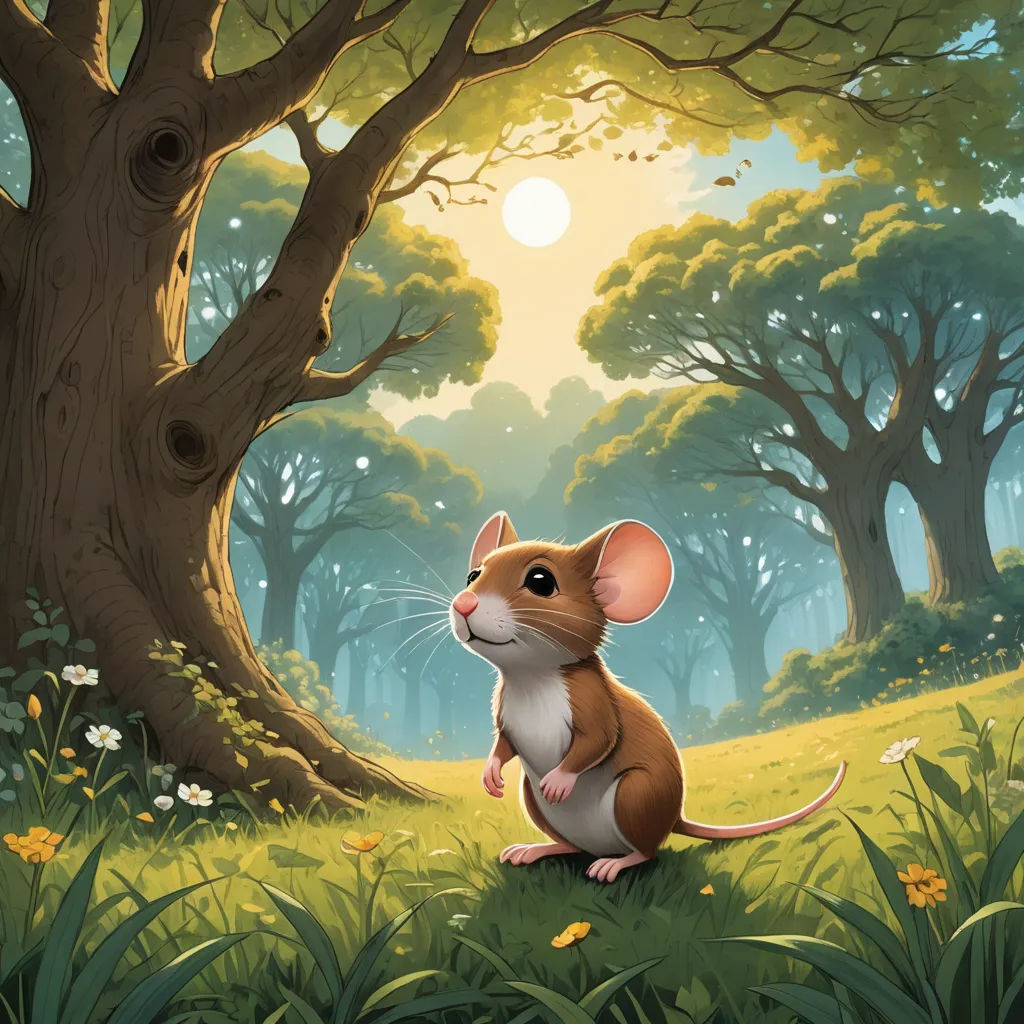 a mouse sitting in the grass near a tree and a sun in the background with a forest scene in the foreground, altermodern, a storybook illustration, Chris LaBrooy, rossdraws global illumination