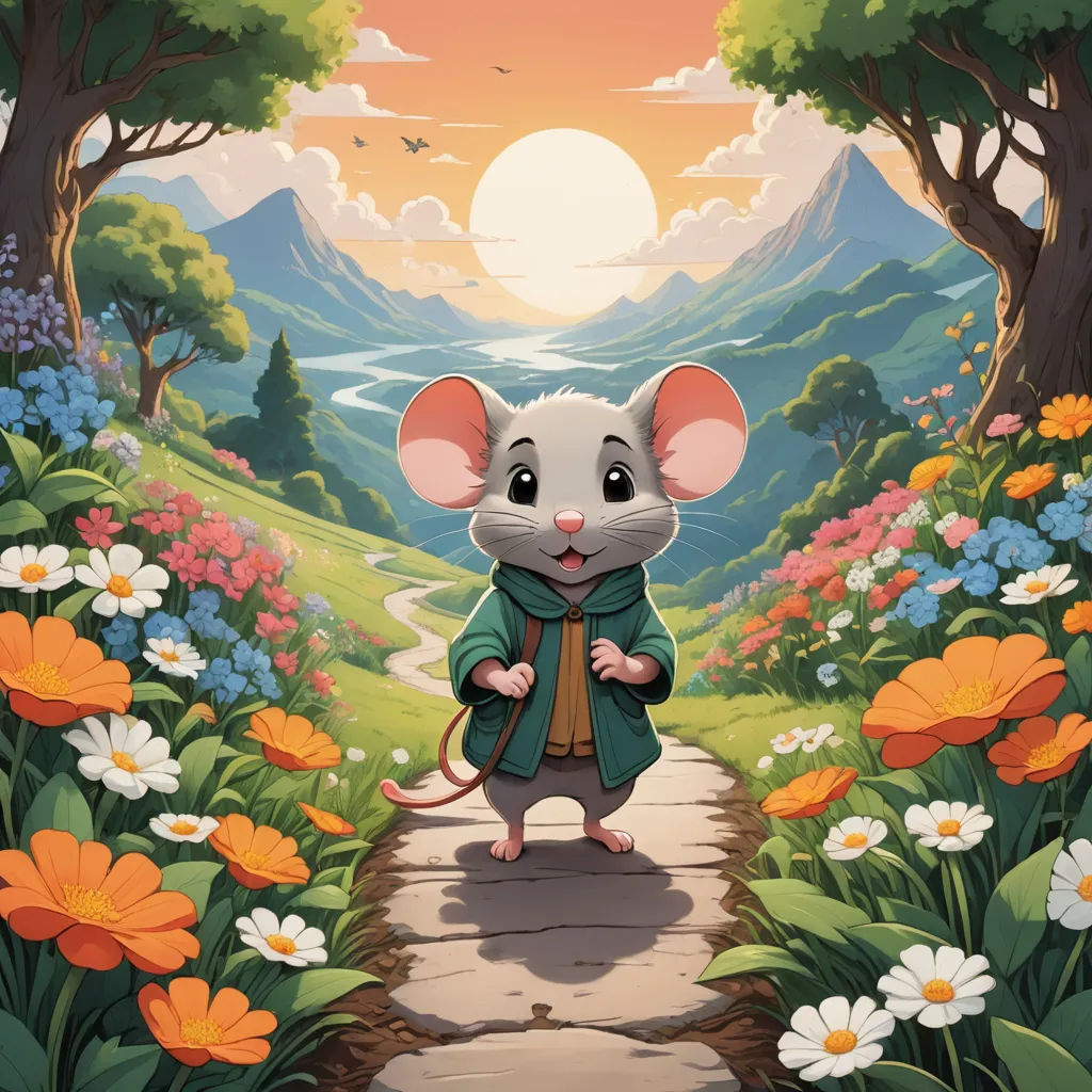 a cartoon mouse standing on a path in a flowery forest with a sunset in the background and a path leading to a mountain, fantasy art, a storybook illustration, Dan Mumford, official art