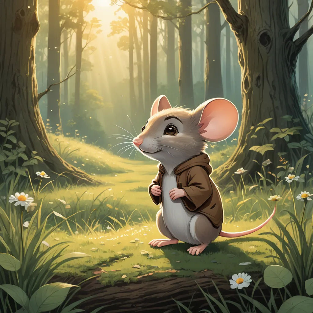 a mouse sitting in the middle of a forest with a sunbeam in the background and daisies in the foreground, furry art, a storybook illustration, Chris LaBrooy, official art