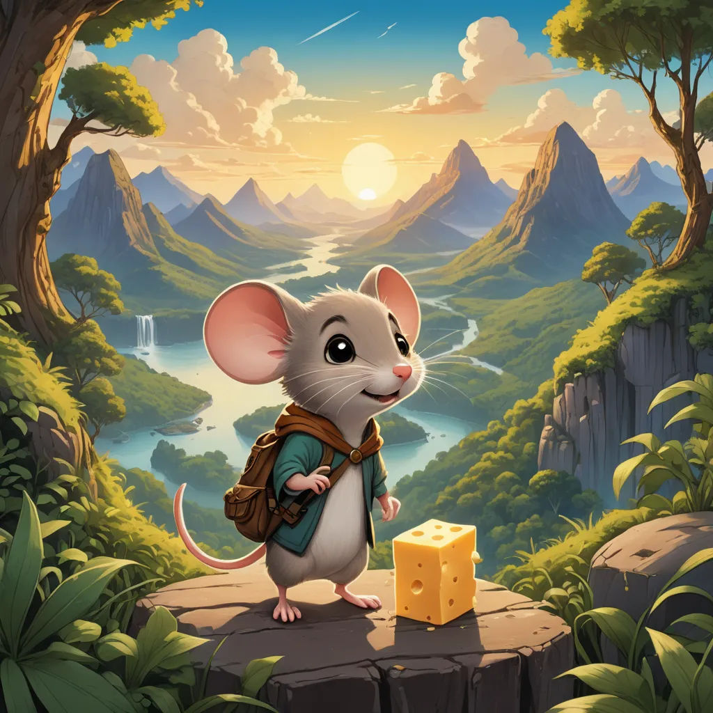 a mouse with a backpack standing on a cliff with a cheese block in front of it and a mountain landscape in the background, sots art, a storybook illustration, Chris LaBrooy, key art