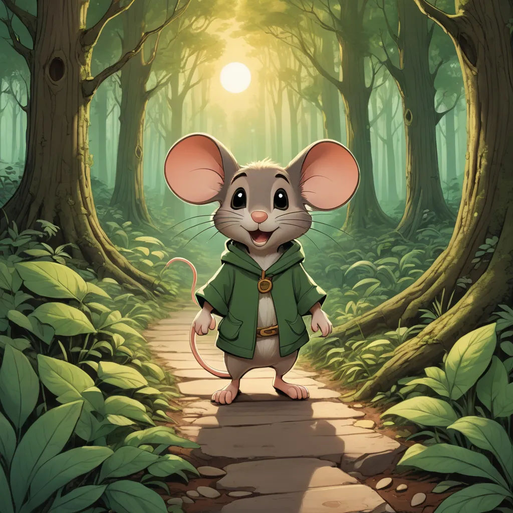 a mouse in a green jacket is walking through a forest with a path leading to a light that is shining, sots art, a storybook illustration, Chris LaBrooy, official art