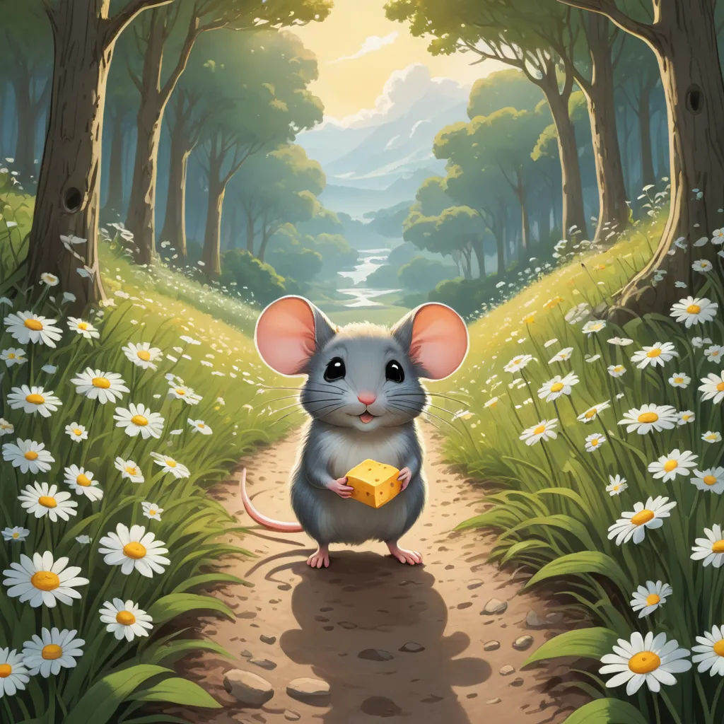 a mouse holding a piece of cheese in a forest with daisies and trees in the background, with a path leading to a river, fantasy art, a storybook illustration, Daphne McClure, kinkade