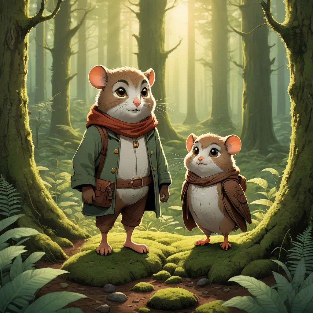 a painting of a mouse and a mouse in a forest with a sunbeam in the background and a mouse in the foreground, sots art, concept art, Chris LaBrooy, official art