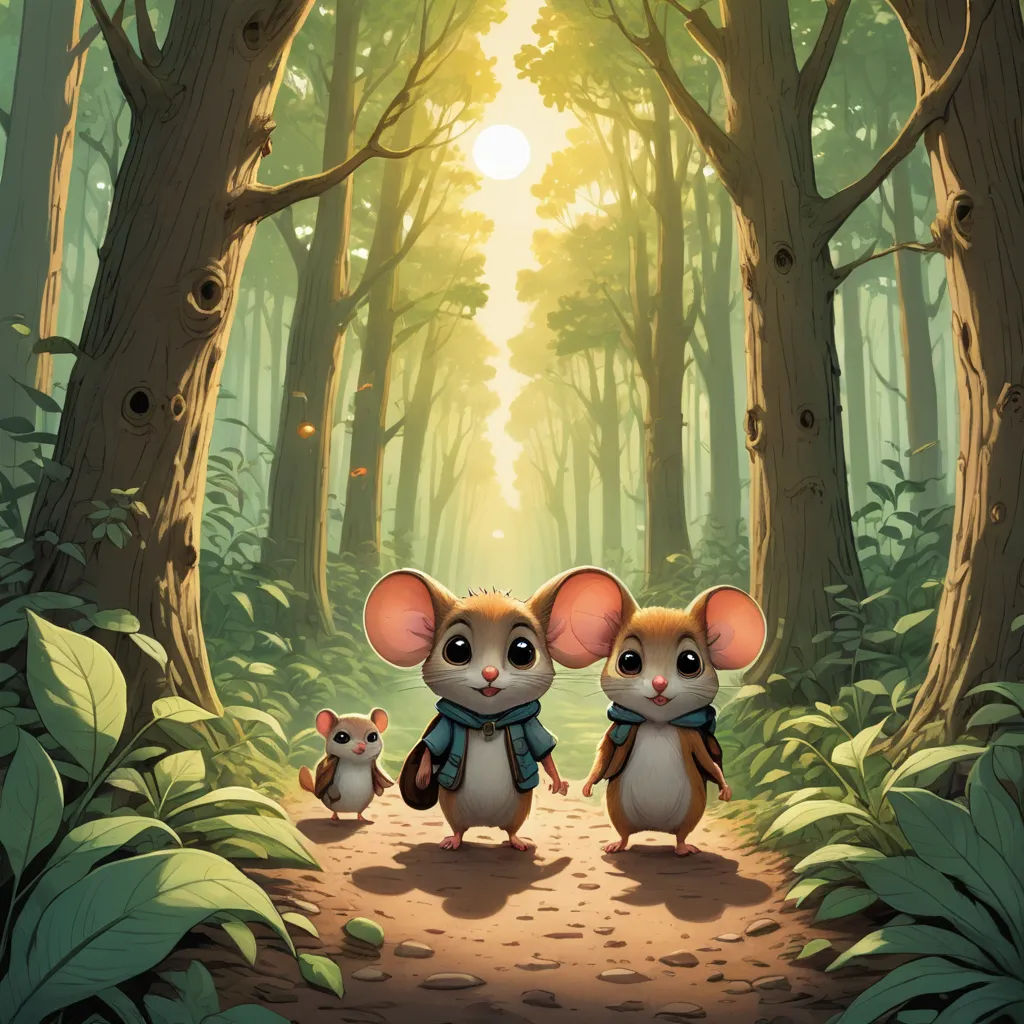 two little mice are standing in the middle of a forest with trees and leaves on the ground, with the sun shining through the trees, sots art, a storybook illustration, Dan Mumford, official art
