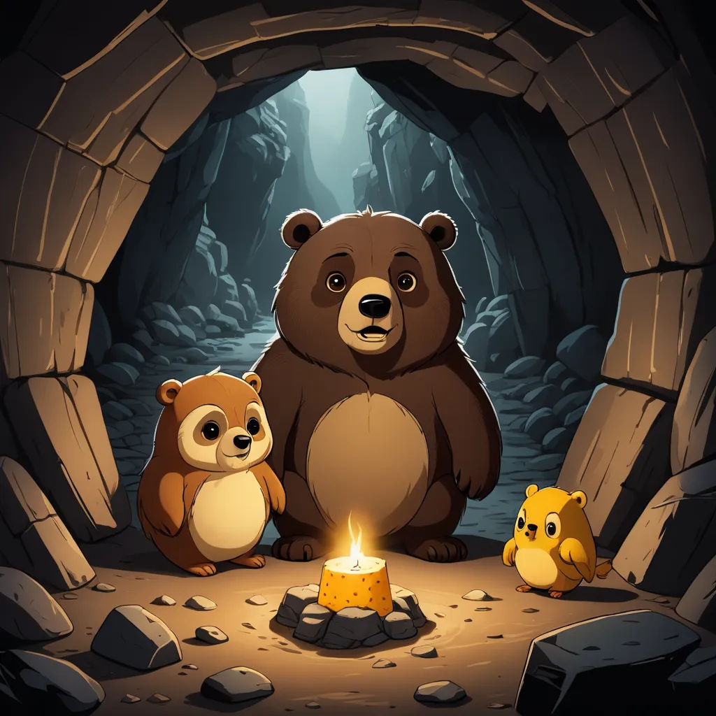 a bear and two other animals in a cave with a candle in the middle of the ground and rocks, sots art, a cave painting, Cyril Rolando, game art