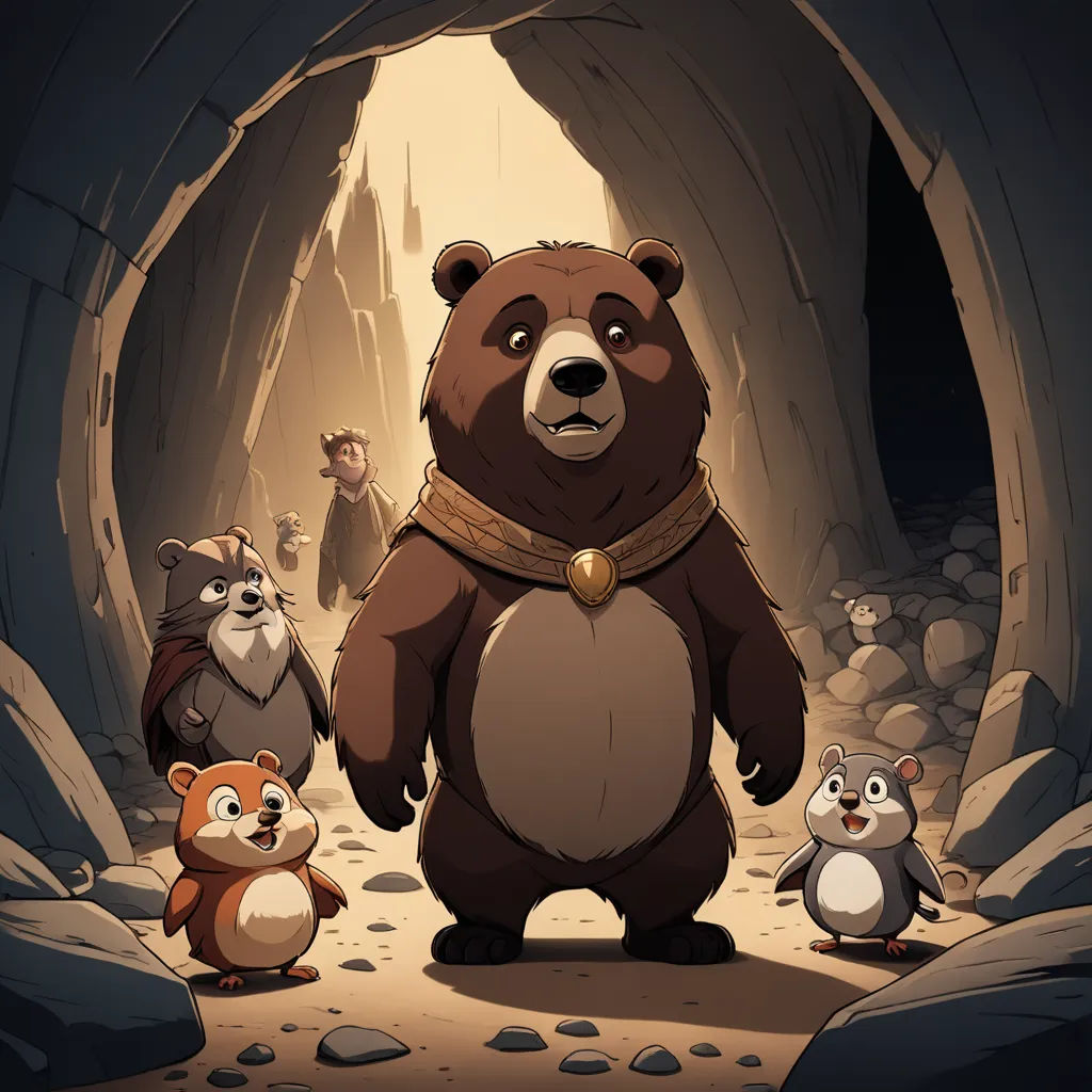 a bear standing in a cave with other animals around it and a cave entrance behind it with a cave door, sots art, a storybook illustration, Brom, 2 d game art