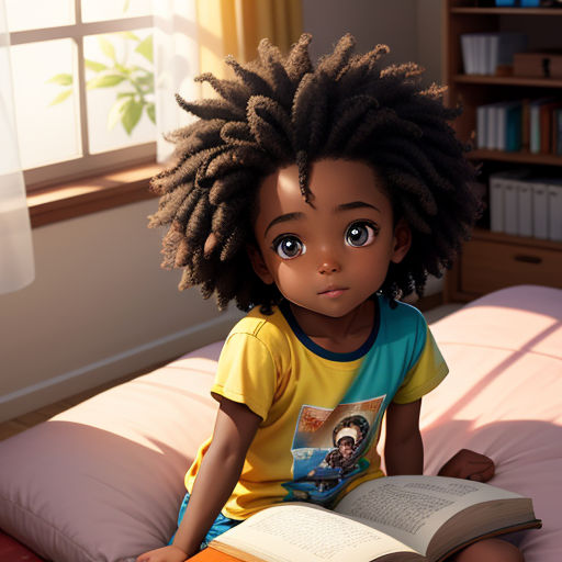 a young child sitting on a bed reading a book with a window in the background and a bookcase in the foreground