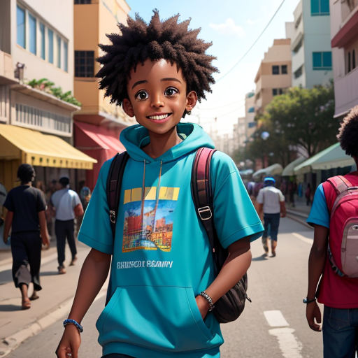 a young boy with a backpack is walking down the street with other people in the background and buildings in the background