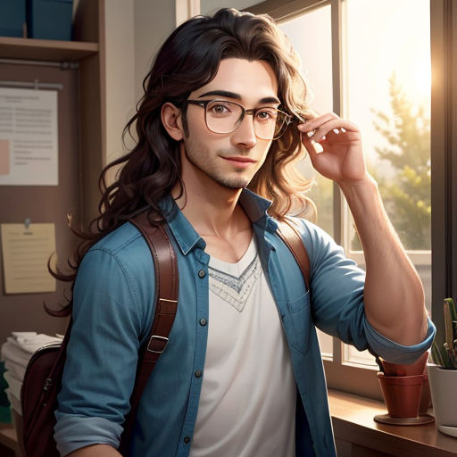 a man with long hair and glasses standing in front of a window with a backpack on his shoulder and a backpack on his shoulder