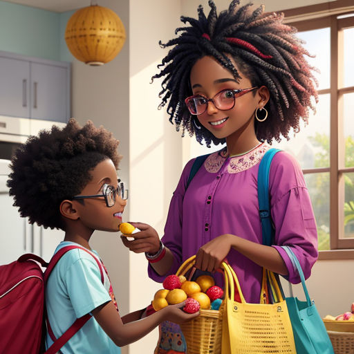 a woman holding a basket of fruit next to a child with a bag of fruit in her hand and a bag of fruit in her other hand