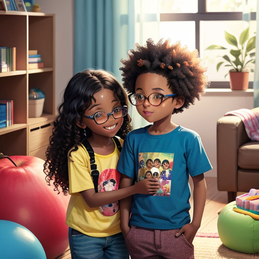 two children standing in a room with balloons and a book shelf in the background, one of them is holding a book