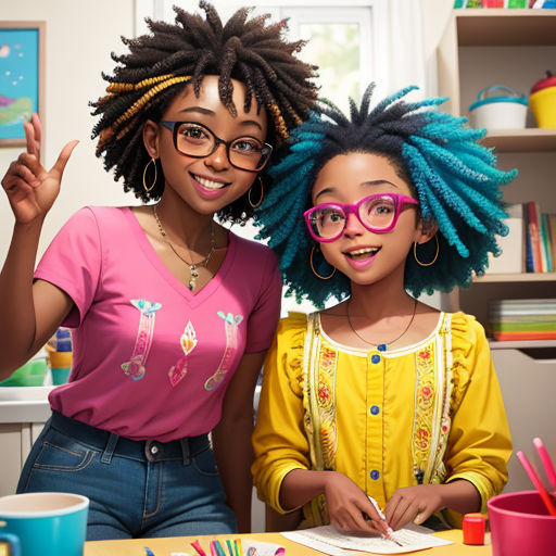 a woman and a girl with glasses are posing for a picture together at a desk with a book and pencils