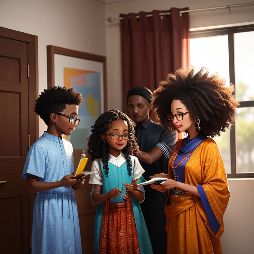 a group of people standing around each other in a room with a window and a painting on the wall