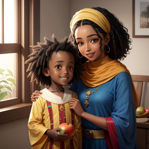 a painting of a woman and a child with an apple in their hand, both wearing yellow and blue