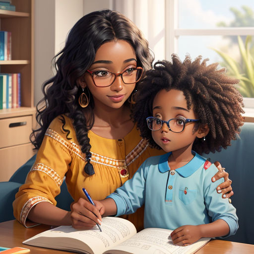 a woman and a child are sitting at a table with an open book and a pen in their hands