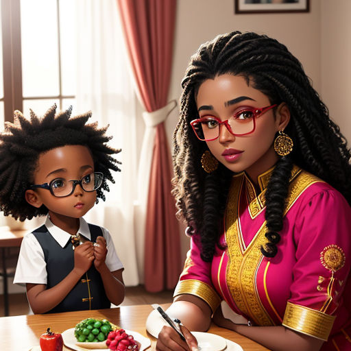 a woman and a child are sitting at a table with food and a knife in their hands, and one child is eating