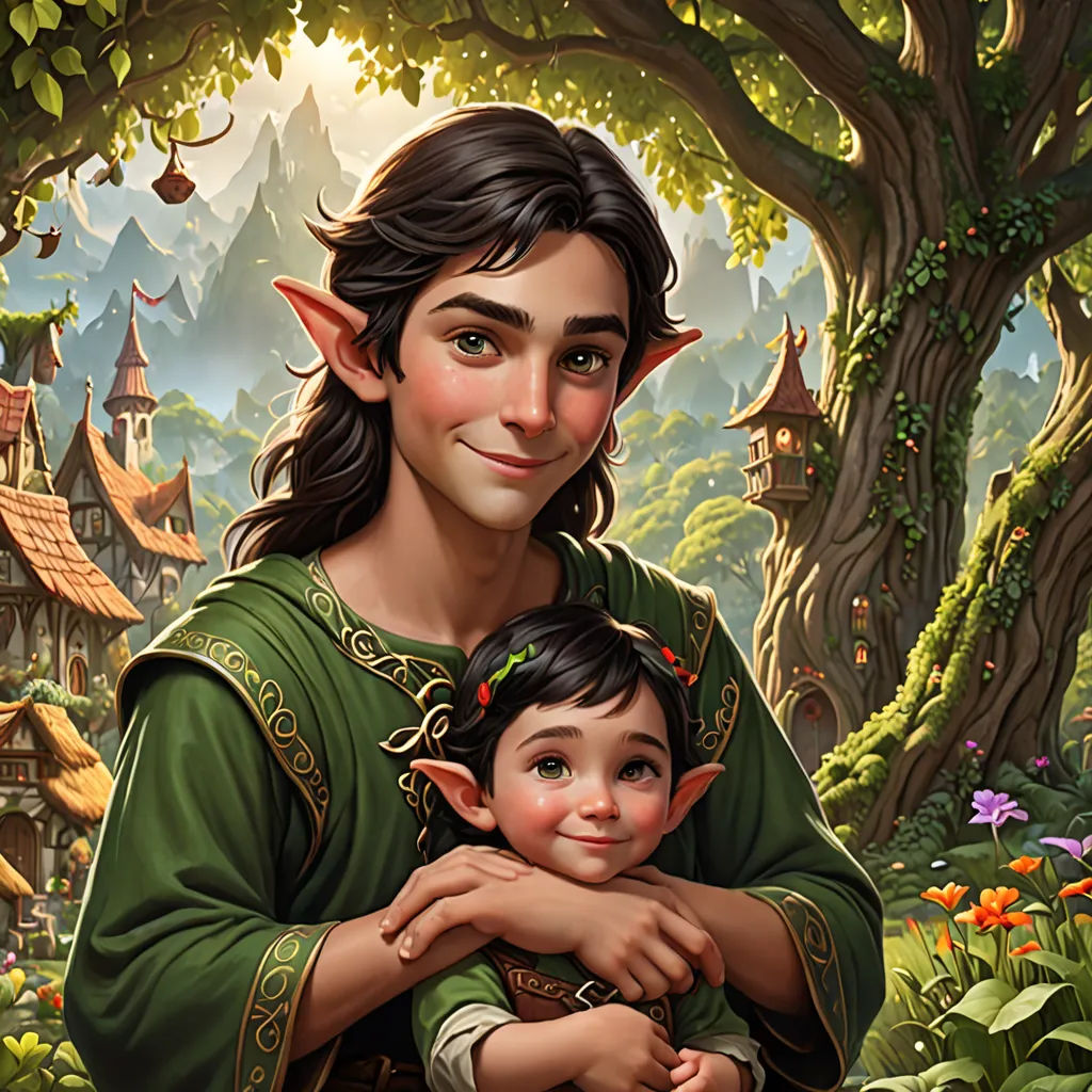 a painting of a woman holding a child in a forest with a house in the background and trees in the background, fantasy art, a storybook illustration, Brothers Hildebrandt, kinkade
