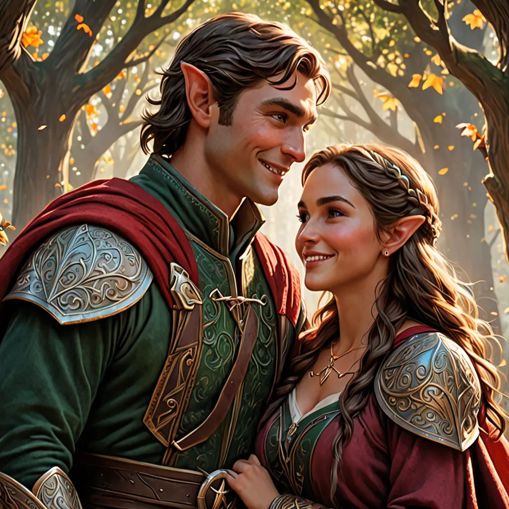 a man and woman dressed in medieval costumes standing in a forest together, smiling at each other, with trees in the background, fantasy art, a detailed painting, Clint Cearley, official art