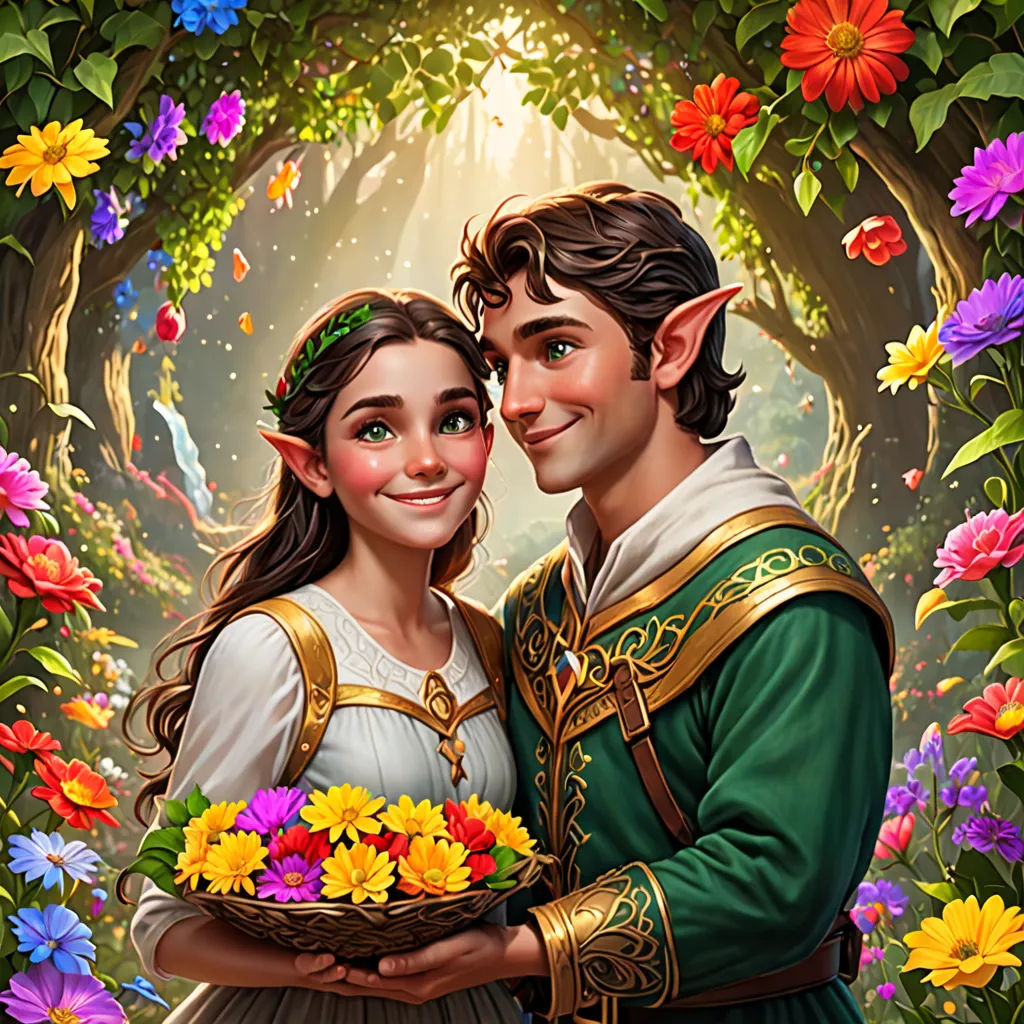 a painting of a couple in a forest with flowers in their hands and a fairy tale background in the background, fantasy art, a storybook illustration, Anne Stokes, fantasy artwork